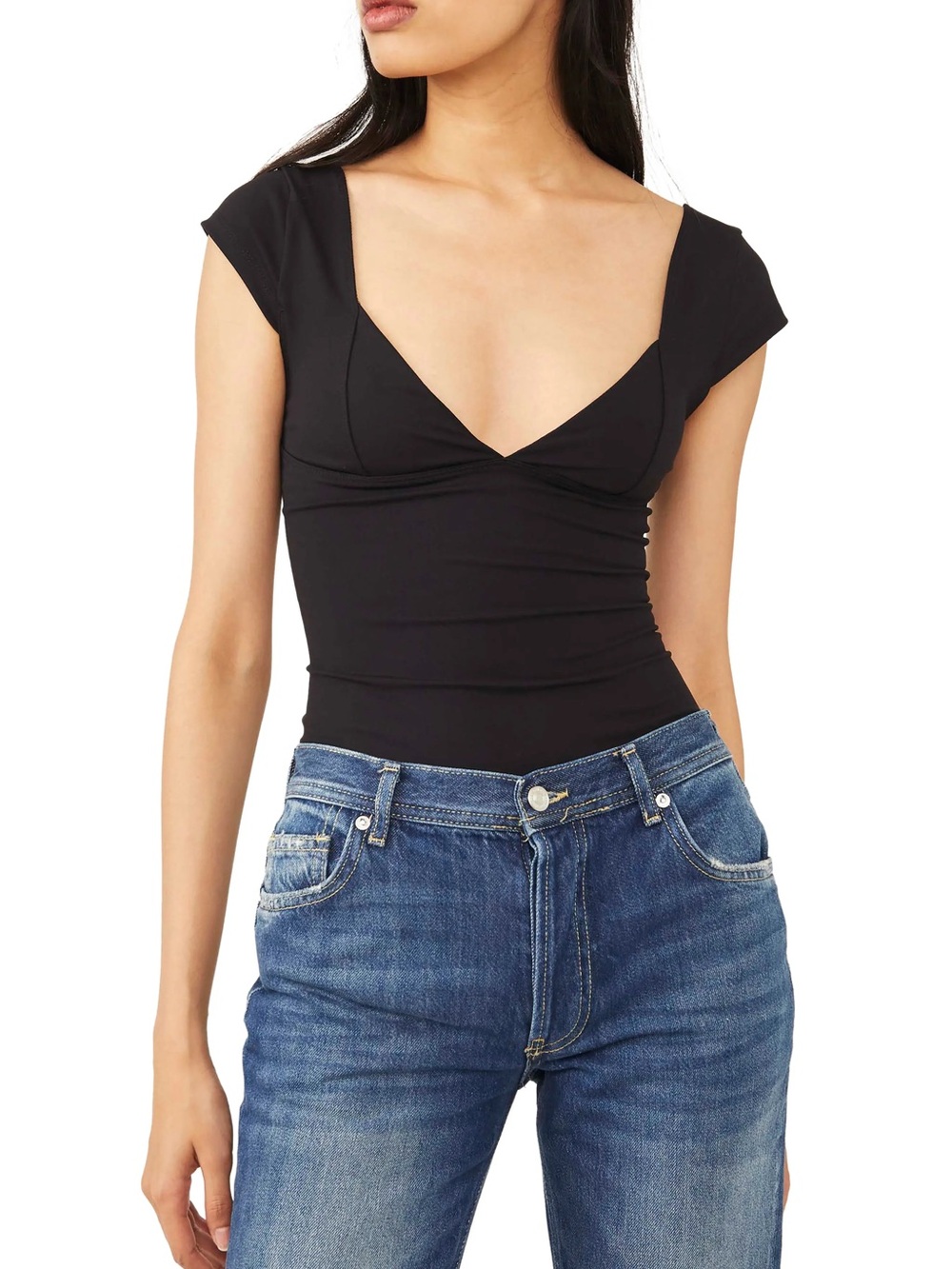 Solid Black Deep V Cap Sleeve Women’s Top
